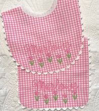Load image into Gallery viewer, Gingham Bib & Burp Cloth Set with RicRac Trim